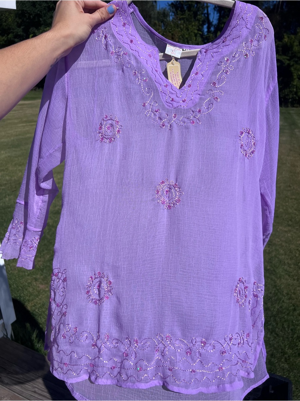 Hand Made in India Sheer Purple Beaded Blouse NWT